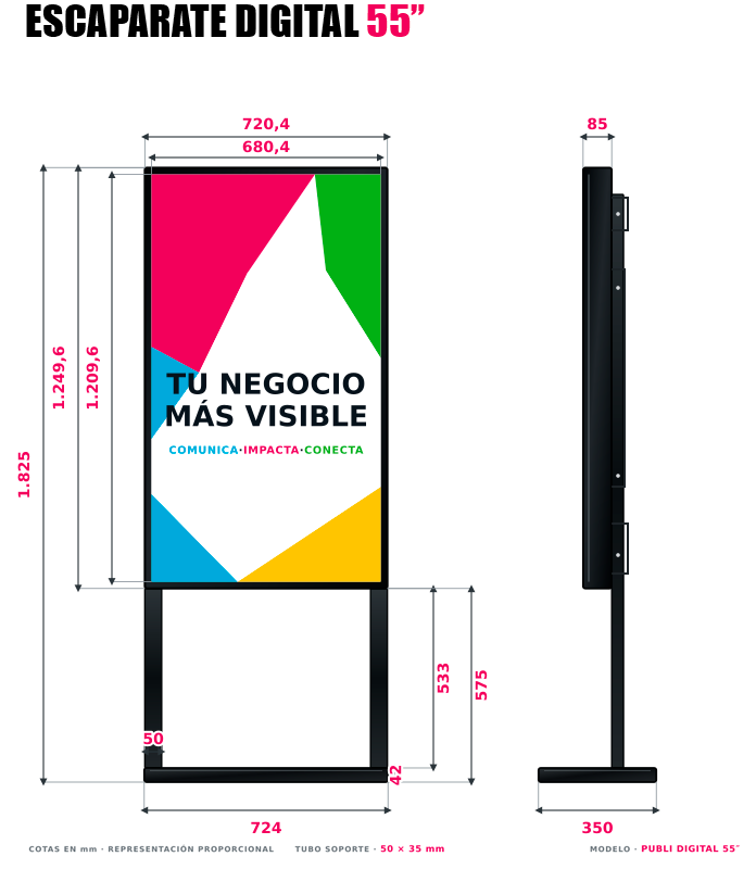 Ficha técnica del escaparate digital de 55 pulgadas con medidas, alto brillo, resolución 4K y gestión remota