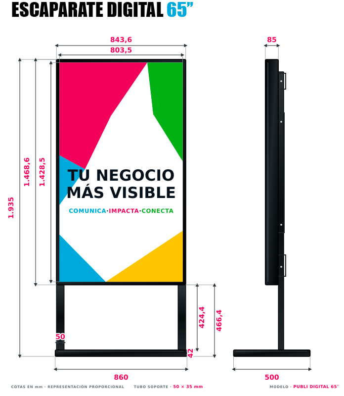 Ficha técnica del escaparate digital de 65 pulgadas con medidas, alto brillo, resolución 4K y gestión remota