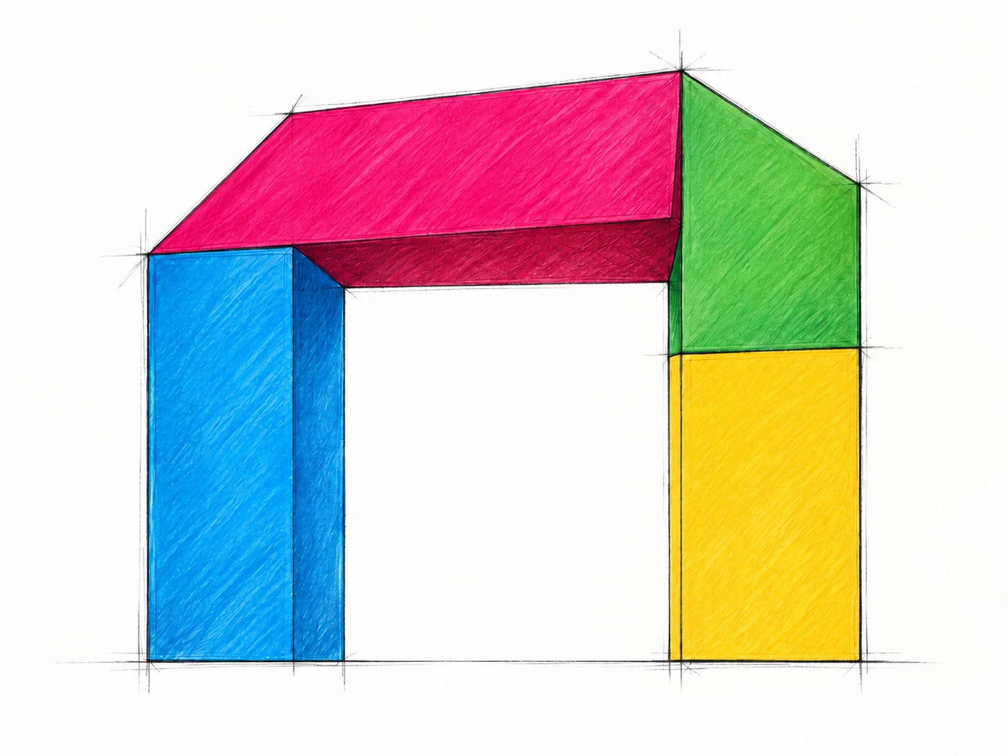Boceto frontal del umbral geométrico con trazo técnico y coloreado manual en magenta, azul, verde y amarillo mostaza.